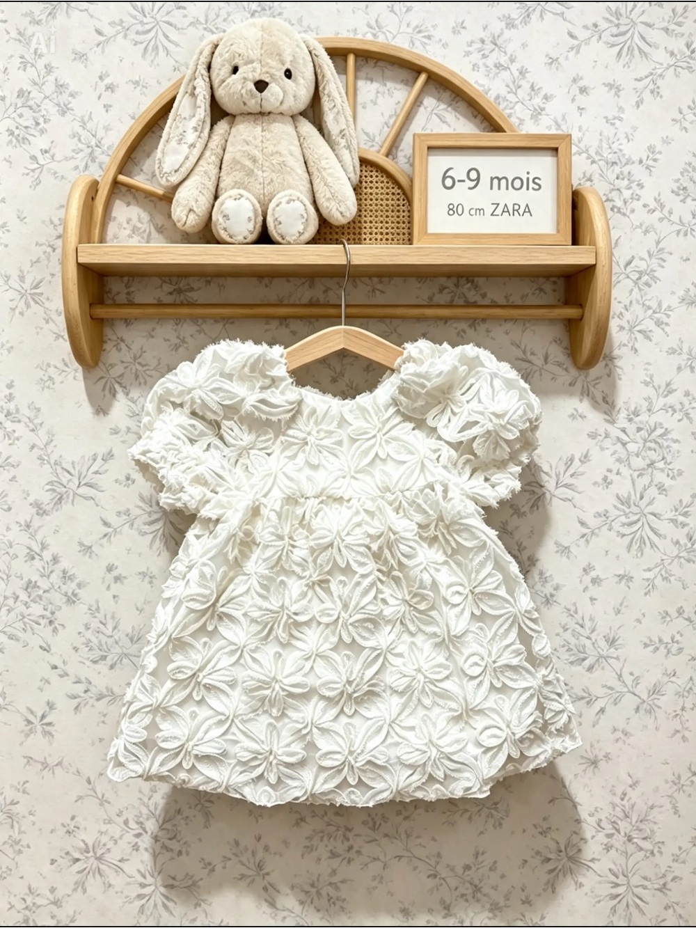 ✨Zara Baby Girl White 3D Floral Textured Dress Puff Sleeves, 6-9 Months (80cm)